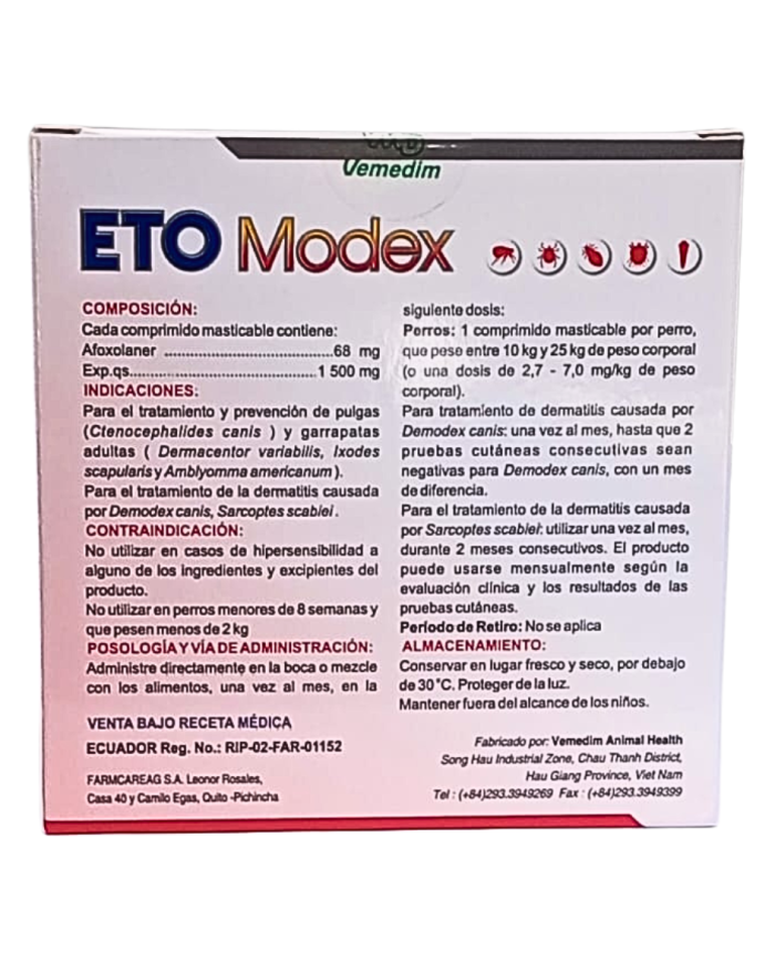 Antipulgas y Garrapatas y tratamiento dermatitis. Eto Modex