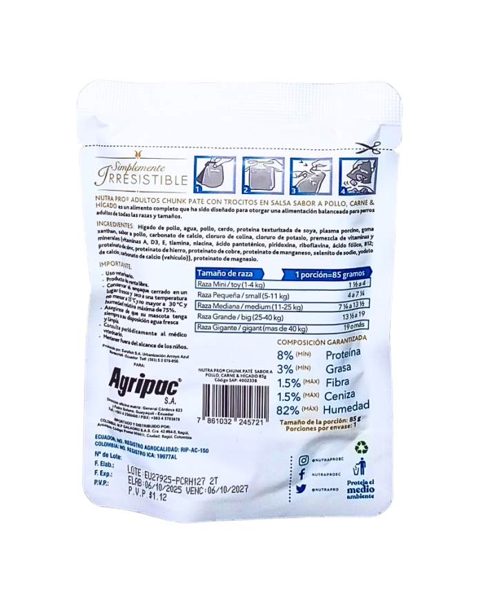 Alimento Húmedo para perros adultos Nutrapro Chunk Paté